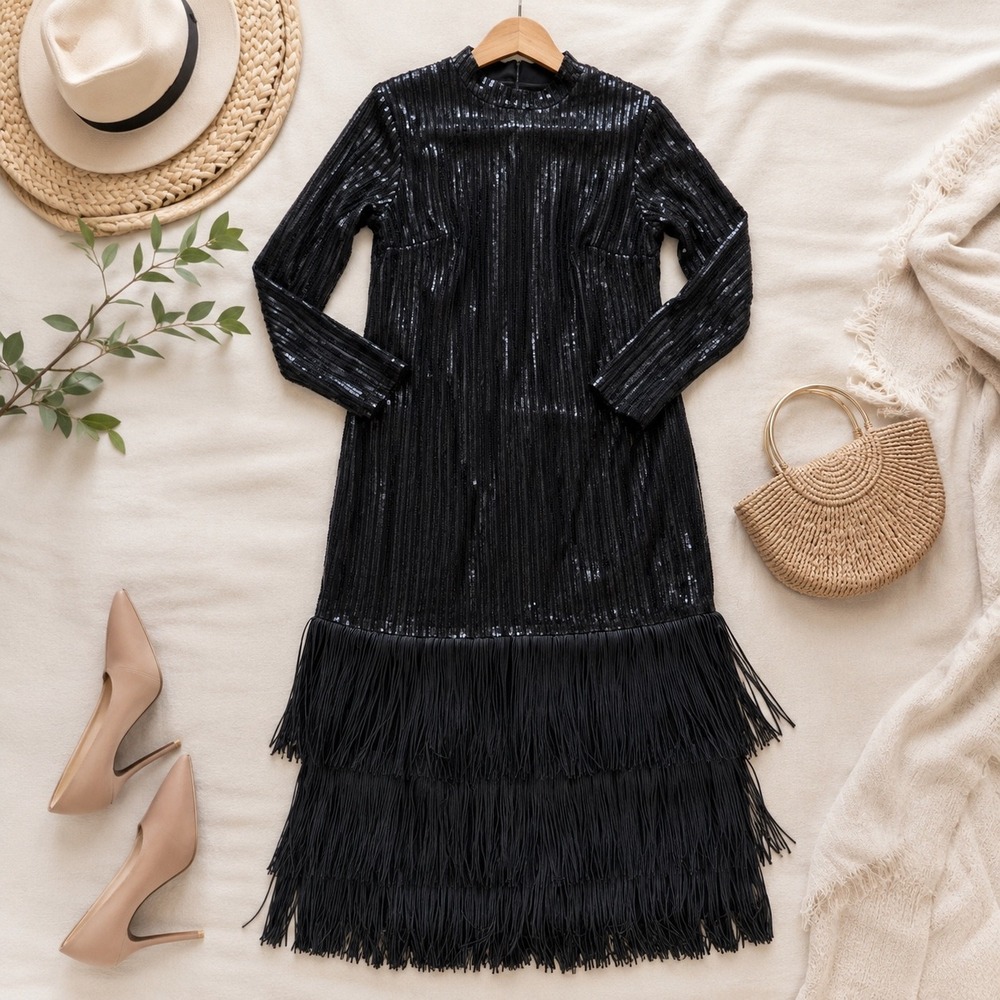 Sequin Fringe Midi Dress Womens L Black Cocktail Party Flapper Style